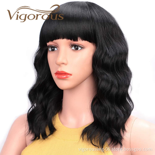 Vigorous Short Wavy Wigs for Black Women African American Synthetic Black Hair Wigs with Bangs Heat Resistant Cosplay Wig